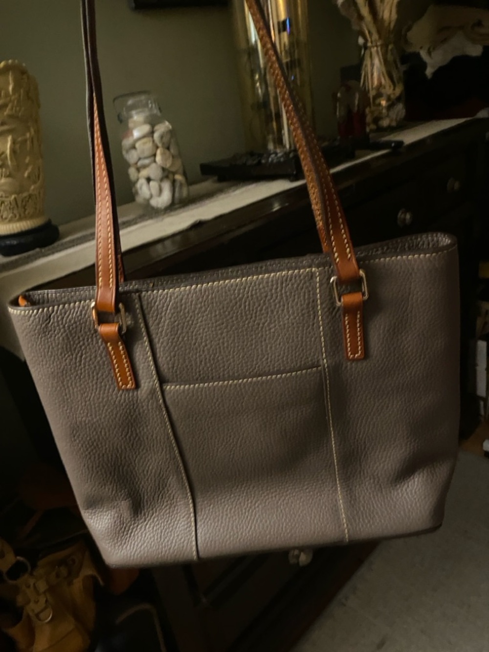 Dooney & Bourke Taupe Pebble Leather Tote with Brown Trim - Picture 6 of 6